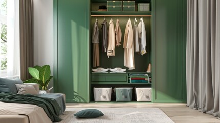 green furniture on a neutral background, highlighting the beauty of the wardrobe generative ai