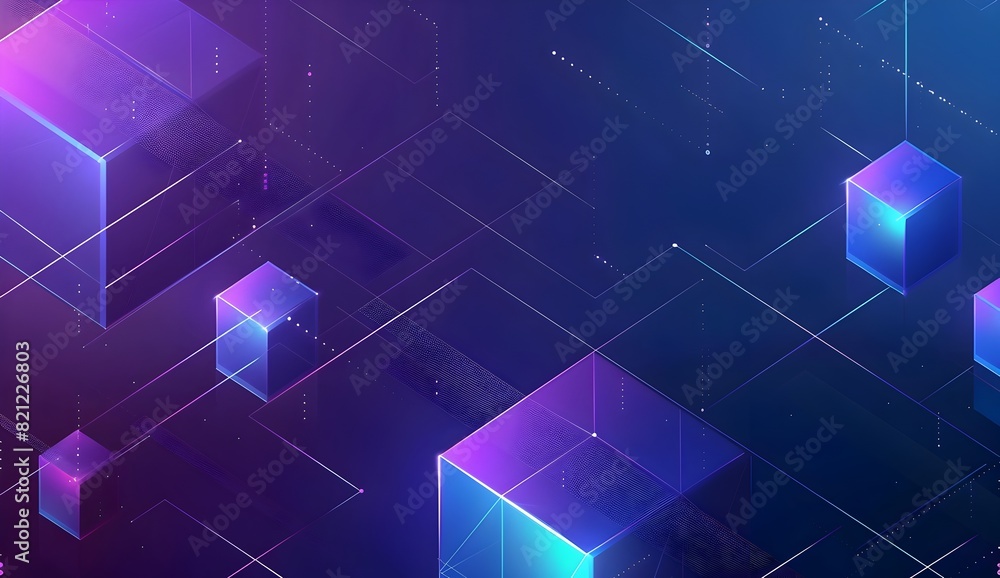 Poster Abstract vector background with blue and purple gradient lines forming an isometric pattern of cubes on a dark navy blue background, representing technology or digital flow in the style of cyber