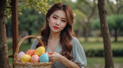 Beautiful attractive asian woman model holding a basket of Easter eggs in a charming outdoor setting