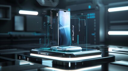 The latest sleek smartphone on a futuristic display stand, surrounded by holographic interface elements, in a minimalistic style.