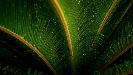 Macro shot of tropical palm tree leaves texture covered in rain water drops
