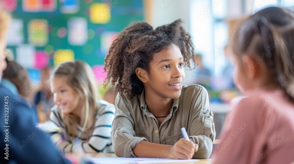 Poster Children of various ages are seated at individual desks in a classroom, engaged in learning activities.