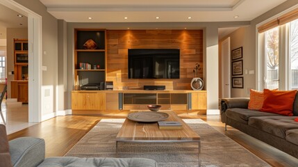 Fototapeta premium bedroom with contrast between the warm wood and the beige wall to create a soft and relaxing color palette. generative ai