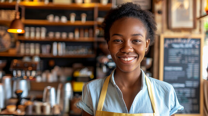 Naklejka premium Happy smiling young African American woman barista small business owner wearing uniform standing in a cozy coffee shop. Business concept.