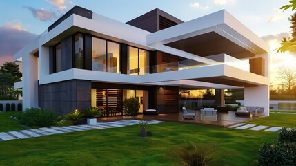 Modern house exterior day light with lawn grass.3d