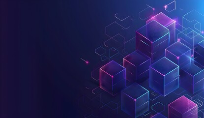 Fototapeta premium Abstract vector background with blue and purple gradient lines forming an isometric pattern of cubes on a dark navy blue background, representing technology or digital flow in the style of cyber