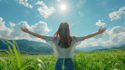 A woman with her arms outstretched in a green field, Ai generate