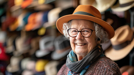 An elderly woman smiling in a hat shop with a variety of hats displayed on shelves in the background. - Powered by Adobe