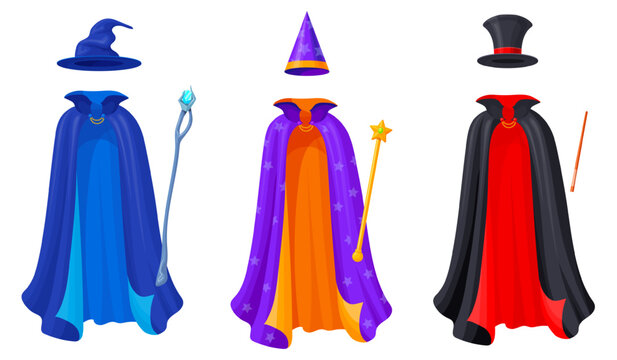 Magician cloak. Carnival costumes clothing, magic mantle wizard mantle collar magicians hat mysterious cloak mystery ghost halloween masquerade circus cape neat vector illustration