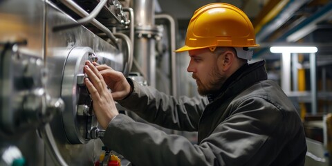 An engineer in a hard hat is adjusting valves on industrial equipment in a factory setting