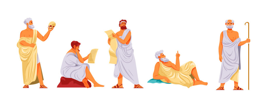 Ancient philosopher. Roman or greek philosophers cartoon character, old man in toga thinking metaphysics, socrates plato aristotle pythagoras