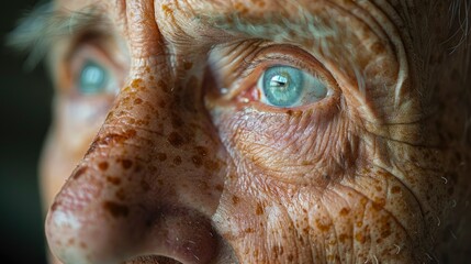 Close-up of an elderly man's face showing wrinkles and spots