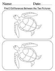 Sea Turtle Puzzle. Printable Activity Page for Kids. Educational Resources for School for Kids. Kids Activity Worksheet. Find Differences Between 2 Shapes
