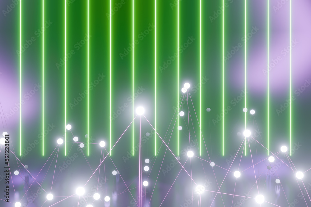 Poster abstract light display with green vertical lines and glowing white dots.3d rendering
