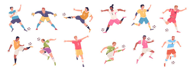 Soccer players poses. Professional football player dynamic pose, sportsman action foot feet kick ball dribbling posing goalkeeper catch goal pass, set classy vector illustration