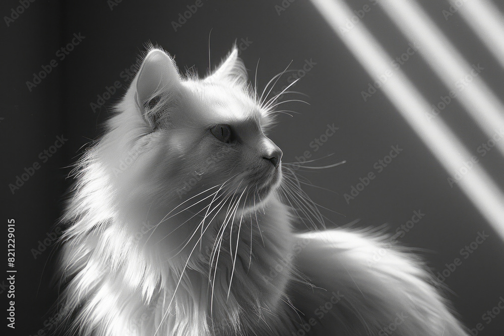 Poster a minimalist cat represented by simple, clean lines and a limited color palette, emphasizing form an