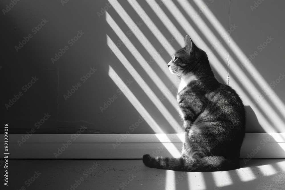 Poster a minimalist cat represented by simple, clean lines and a limited color palette, emphasizing form an
