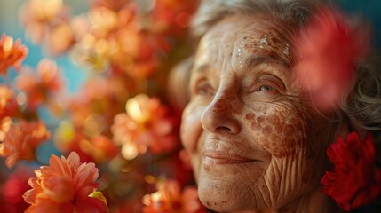 Elderly woman with liver spots and a joyful smile