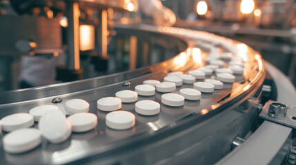 Automated pharmaceutical production line creating white tablets, representing high-tech mass production of medicine in a sterile factory environment, soft studio lighting.