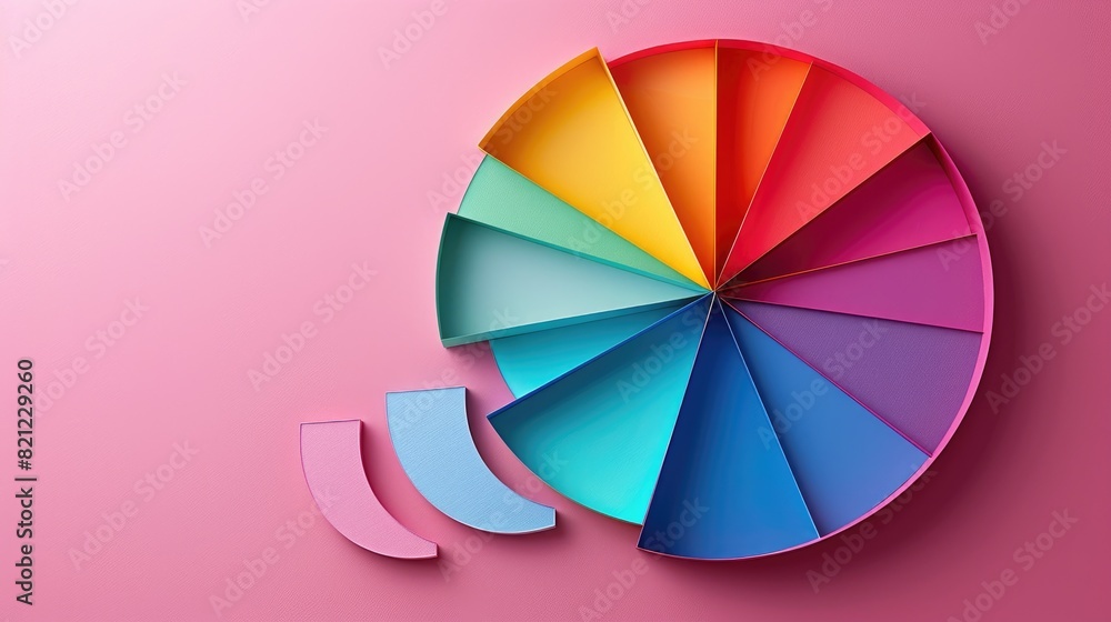 Poster a colorful pie chart is cut into pieces, with each piece representing a different color. the chart i