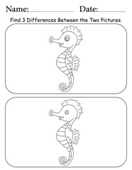 Seahorse Puzzle. Printable Activity Page for Kids. Educational Resources for School for Kids. Kids Activity Worksheet. Find Differences Between 2 Shapes