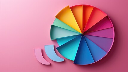 Obraz premium A colorful pie chart is cut into pieces, with each piece representing a different color. The chart is on a pink background, and the colors are vibrant and eye-catching