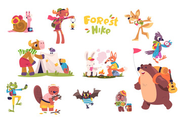 Cartoon animals hiking. Cute forest animal hike, summer camping books store for kids travel picnic, funny wildlife characters with backpack camp stickers classy vector illustration