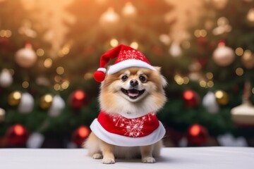 Cute Pomeranian dog wearing a Santa hat sitting on a red blanket with festive lights background, vertical photo Christmas, holiday spirit, cute pets, festive decorations, winter season. defocus 