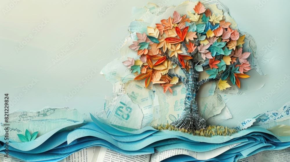 Poster tree made out of paper is floating on a body of water. the tree is surrounded by money. with some of