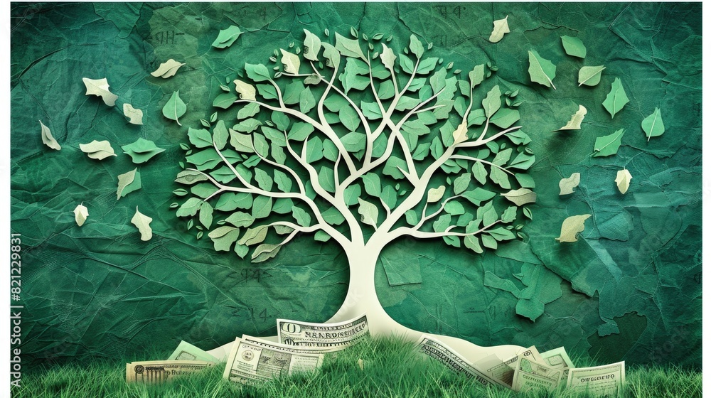 Poster tree with money on the ground is depicted in the image. the tree is surrounded by money, with some o
