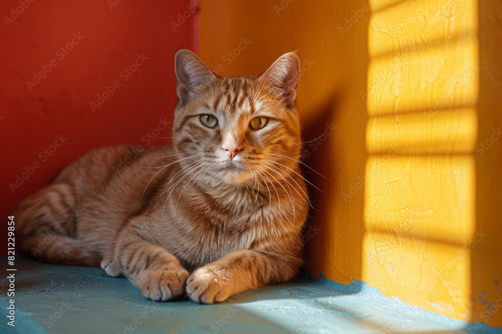 Poster a constructivist cat composed of bold, abstract shapes and primary colors, emphasizing structure and