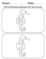 Seahorse Puzzle. Printable Activity Page for Kids. Educational Resources for School for Kids. Kids Activity Worksheet. Find Differences Between 2 Shapes