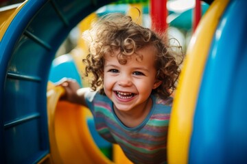 Happy curly-haired child playing on colorful playground equipment, smiling with joy. sunny day with vibrant colors. Horizontal photo. Concept: childhood, playtime, joy, outdoor activities. soft focus