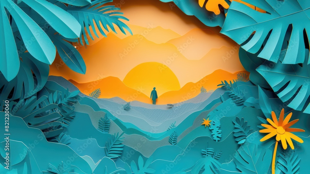 Poster a person is standing in front of a mountain with a sunset in the background. the scene is set in a t