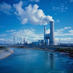 Obraz premium Giant industrial chimneys release exhaust gases into the atmosphere, environmental pollution, greenhouse effect, CO2 emissions, carbon footprint
