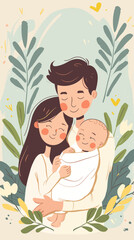 Loving Couple Hugging with Newborn Baby, Multiracial Family Portrait Representing Tolerance