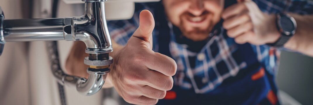 Cheerful plumber in a checkered shirt successfully completing a task under a sink, showing a thumbs up