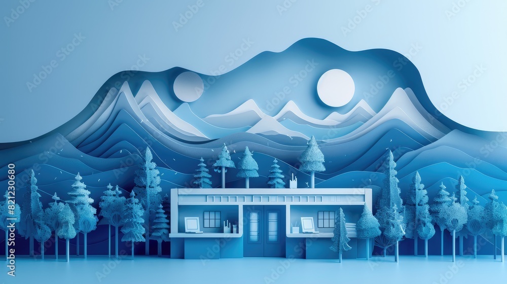 Poster a blue mountain range with a house in the middle. the house is surrounded by trees and has a window.