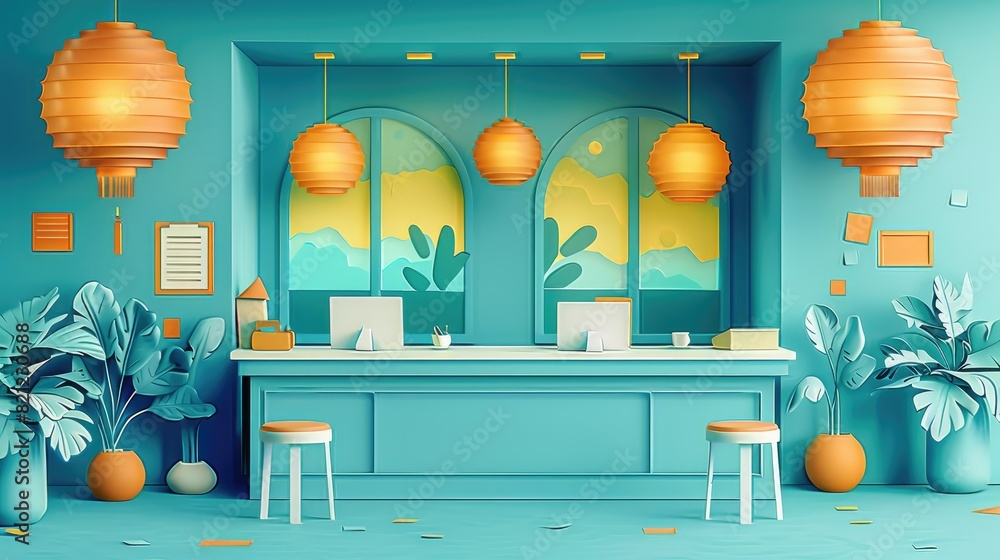 Aufkleber a blue room with a counter and two chairs. the counter has a computer and a keyboard. there are two 