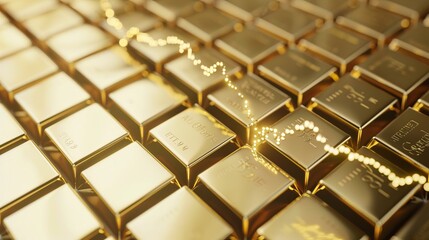 Obraz premium Close-up of stock graph on gold bricks. Top view. Captures trends. Technology tone. Vivid color scheme