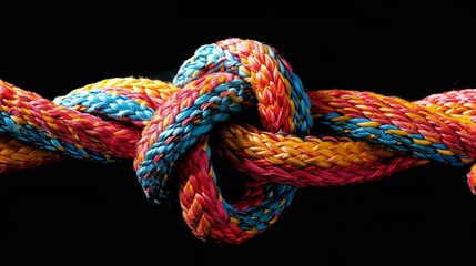 Colorful rope knot isolated on black background, concept of strength and unity in business team work or love concept