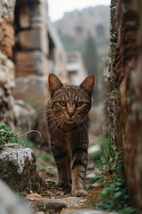Fototapeta premium An Egyptian Mau cat wandering through the ruins of an ancient Greek temple, such as the Parthenon, reflecting its historic roots,