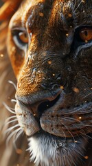 Fototapeta premium Capture the raw power of a virtual lions gaze piercing through the screen in hyper-realistic detail, merging VR technology with wildlife photography