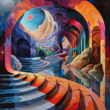Capture the essence of Surrealism x Freuds concept of the unconscious mind with a worms-eye view perspective, using vibrant acrylic colors to depict dreamlike landscapes and distorted figures