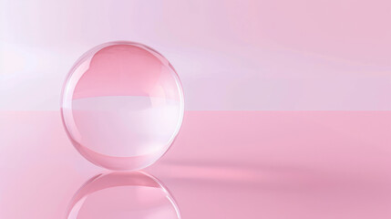 Clear glass sphere on a reflective pink surface with a soft gradient pink background, simplistic and minimalistic presentation.
