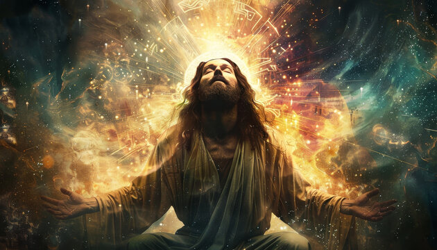 He is surrounded by a bright light and he is in a state of meditation by AI generated image