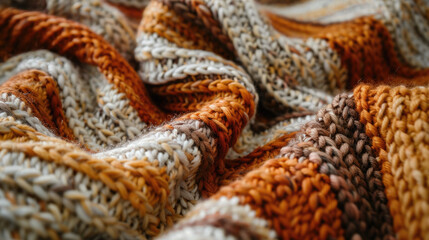 Close-up of a cozy, knitted blanket with intricate patterns showcasing warm, earthy tones and a soft, textured appearance.