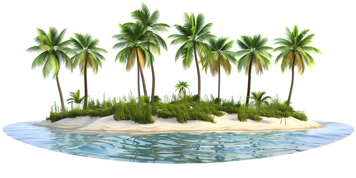 A tropical island with lush trees, representing the idea of travel and a summer holiday. Isolated on a white background.