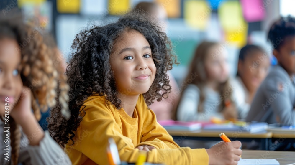 Poster a group of diverse children are seated at individual desks in a classroom, engaged in learning activ