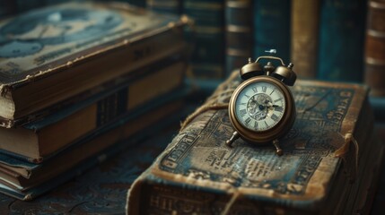 Clock with a book, has an antique or vintage look. generative ai